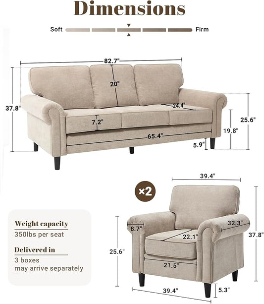 Kingfun 3 Seater Couch, Mid Century Modern Sofa Set with Rolled Arms and Deep Seats, Fluffy Comfort for Living Room, Apartment, Easy Assembly, Khaki