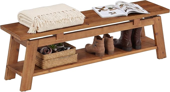Solid Wood Bench, 55" Farmhouse Entryway Bench with Shoe Storage | End of Bed Bench Shoe Bench Seat for Entrance Hallway Bedroom Living Room, 350 lb Capacity, Scratch Resistant, Natural Brown