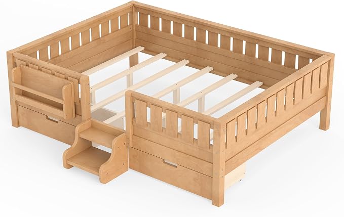 Bellemave Queen Size Bed with Slats and Stairs, Queen Size Platform Bed Frame with Fence, Bookshelf and Storage Drawers, Easy Assemble Beds for Girls, Boys, Deep Natural