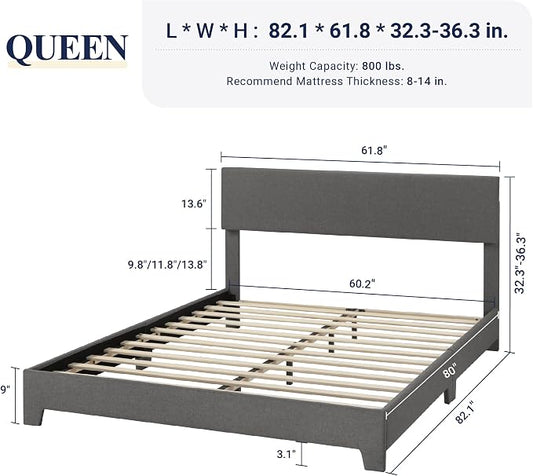 Allewie Queen Bed Frame with Adjustable Headboard, Upholstered Platform Bed with Wood Slats, Heavy Duty Mattress Foundation, No Box Spring Needed, Noise-Free, Easy Assembly, Dark Grey