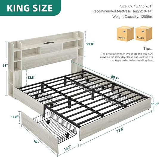 DWVO King Size Bed Frame with Bookcase Headboard and 4 Storage Drawers, RGB LED Bed Frame with Type-C & USB Charging Station Storage Headboard Bed, No Box Spring Needed, Noise Free, Wooden White