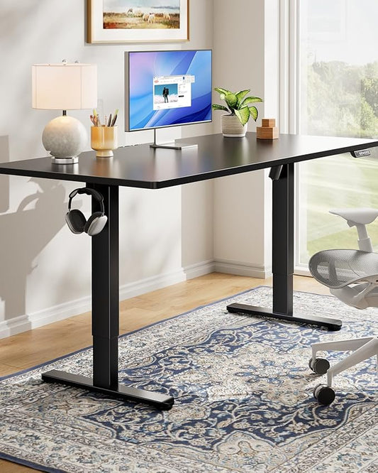 HUANUO Electric Standing Desk, Whole Piece Desktop, Adjustable Height Computer Desk, 4 Height Memory Settings, Sit Stand Up Desk for Home Office, 55" x 27", Black