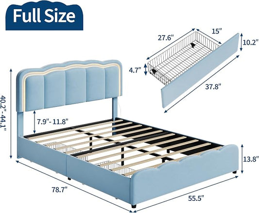 Garvee Full Size Bed Frame with 2 Storage Drawers and LED Lights, Upholstered Platform Full Bed with Adjustable Headboard, Wooden Slats Support, No Box Spring Needed, Easy Assembly, Blue