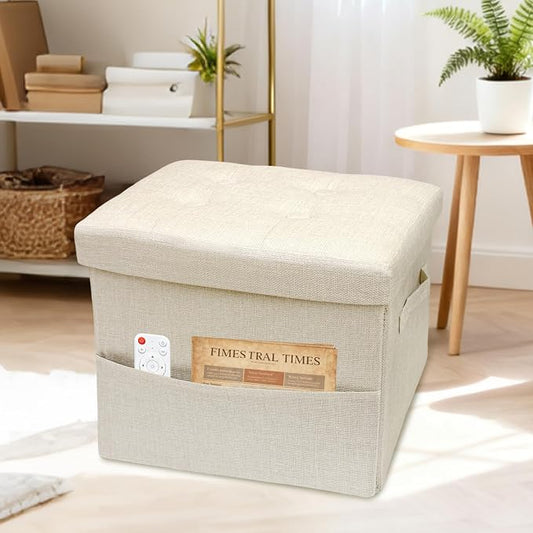 ALASDO Storage Ottoman Footrest Stool Small Ottoman with Storage Foldable Ottomans Foot Rest Footstool Bench for Living Room 17x13x13inches Beige