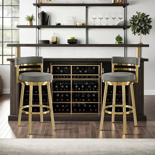 Armen Living Madrid 30" Seat Height Swivel Modern Vintage Gray Faux Leather and Gold Brushed Stainless Steel Bar Stool for Kitchen Island Counter