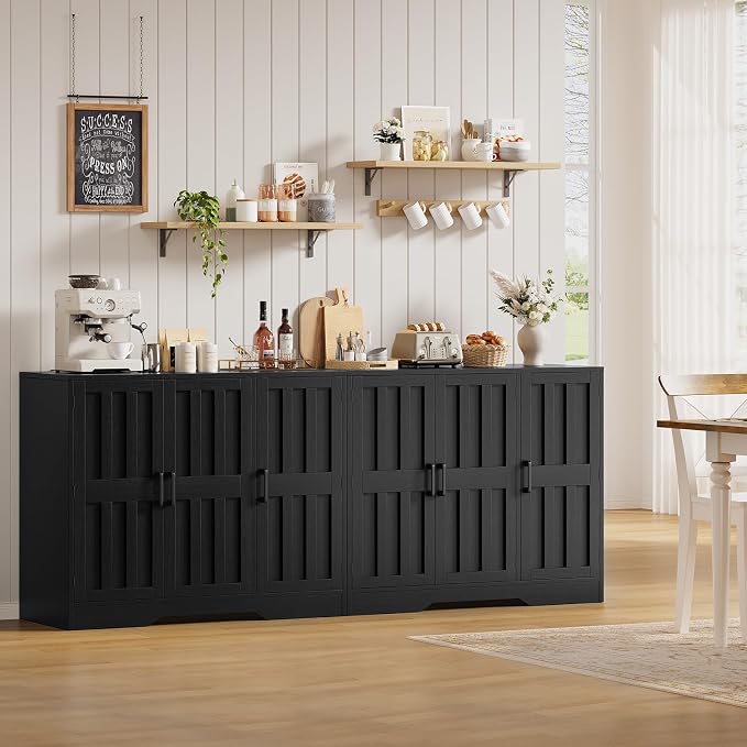 Modern Farmhouse Buffet Cabinet with Storage, 85" Large Sideboard Storage Cabinet with 6 Barn Doors, Coffee Liquor Bar Cabinet Wood Table Credenza with Adjustable Shelf for Kitchen Dining Living Room