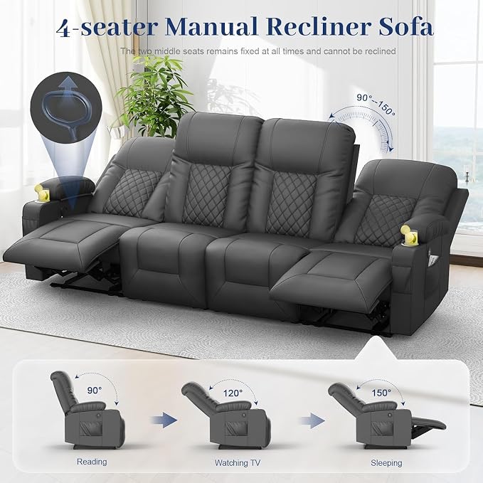 YONISEE 4 Seat Recliner Sofa, Manual Reclining Sofa Couch with USB Ports, 2 Cell Phone Holder, 4 Seater Loveseat Recliner Couch for Living Room Home Theater Seating