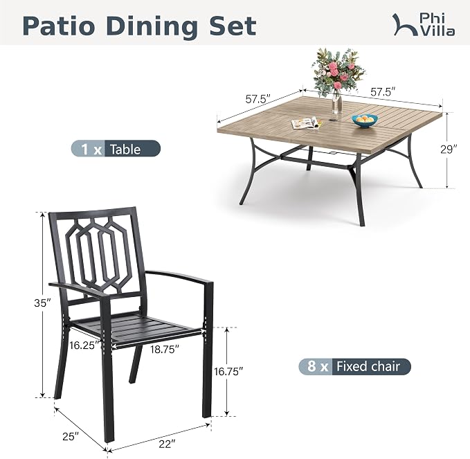 PHI VILLA 9 Pieces Outdoor Dining Set for 8, 57.5" Brown Square Iron Table with Umbrella Hole & Stackable Black Metal Steel Chairs, Large Outside Furniture Set for Patio, Deck, Yard, Porch