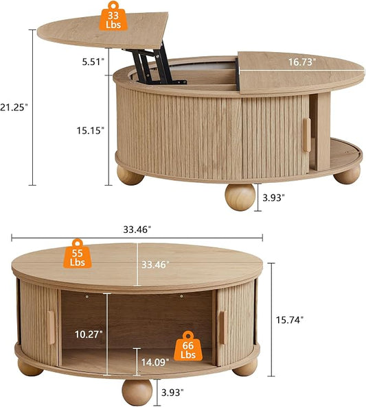 Fluted Round Lift Top Coffee Table with Hidden Storage, 33.5'' Modern Boho Center Table with Sliding Tambour Door & Solid Wood Legs, Circle Coffee Table for Living Room, Small Space, Natural