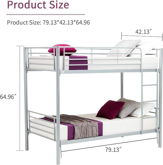Metal Bunk Bed Twin Over Twin - with Removable Ladder and Guard Rail - Space Saving Design - Easy Assembly -Silver Grey
