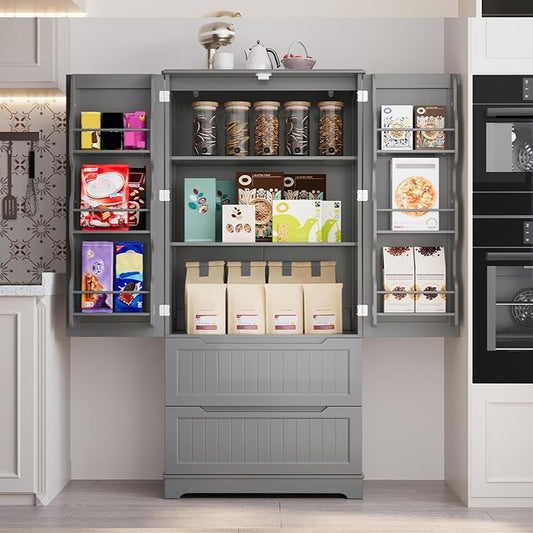 Gizoon Pantry Storage Cabinet with Drawers Freestanding Kitchen Storage Cabinets with Doors and Shelves, 63" Food Pantry for Dining Room Craft Room, Gray, Painted