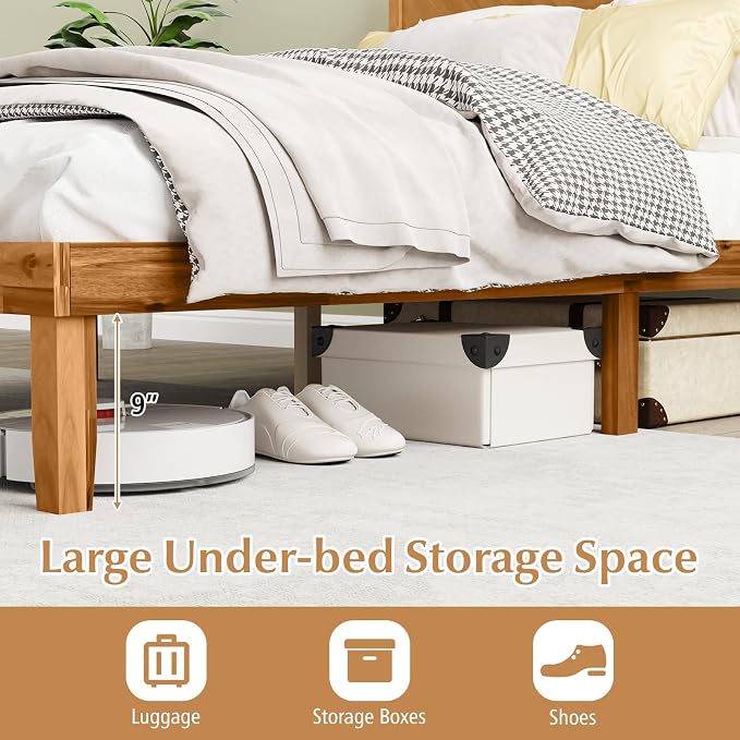 KOMFOTT Queen Acacia Wood Bed Frame with Headboard, Solid Wood Platform Bed Frame, Wooden Slats Supported Bed Base with Under-Bed Storage Space, No Box Spring Needed Mattress Foundation