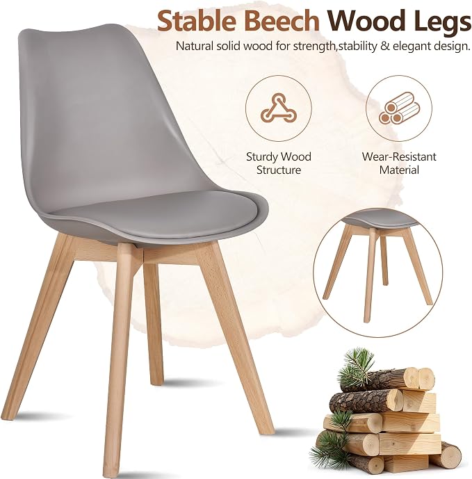 VECELO Dining Chairs Set of 4, Mid-Century Modern Kitchen & Dining Room Chairs, PU Leather Upholstered Seat, Solid Wood Legs, Armless, Non-Slip Feet, Grey