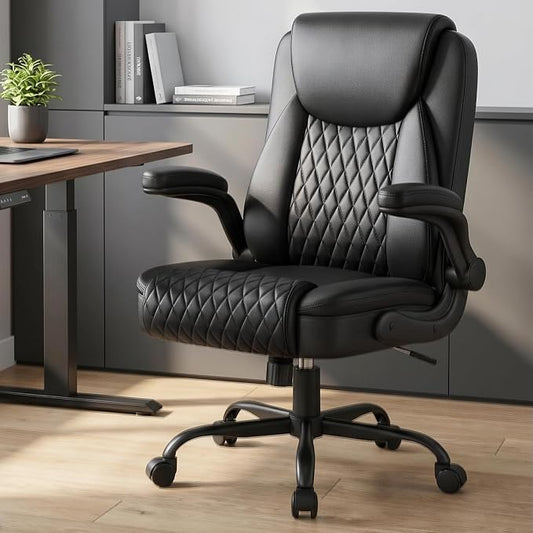 GTPOFFICE Executive Office Chair with Comfortable Lumbar Support, Ergonomic Gaming Chair with Flip-up Armrests & Zoned Pressure-Relief Cushion, Comfy PU Leather Desk Chair, Light Black