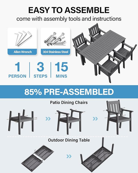 YEFU HIPS Patio Table Set: 5 Piece Outdoor Table and Chairs Dining Furniture Set with Umbrella Hole - Gray Modern Plastic Dining Sets 4 Person for Outside Deck with Metal Aluminum Frame