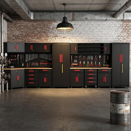 17PCS Garage Cabinets and Storage System with Corner Cabinet, Garage Storage Cabinet System,Cabinet Drawers, Workbench, Pegboard for Tool Organization, Red Black