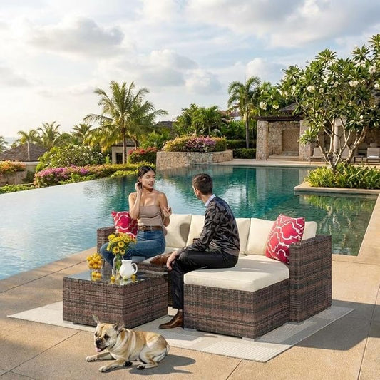 5-Piece Outdoor Sectional Sofa Set, Outdoor Patio Set Sectional Sofa, All-Weather PE Rattan Patio Furniture with Ottoman & Tempered Glass Table for Garden, Backyard, Porch, Poolside (Brown/Beige)