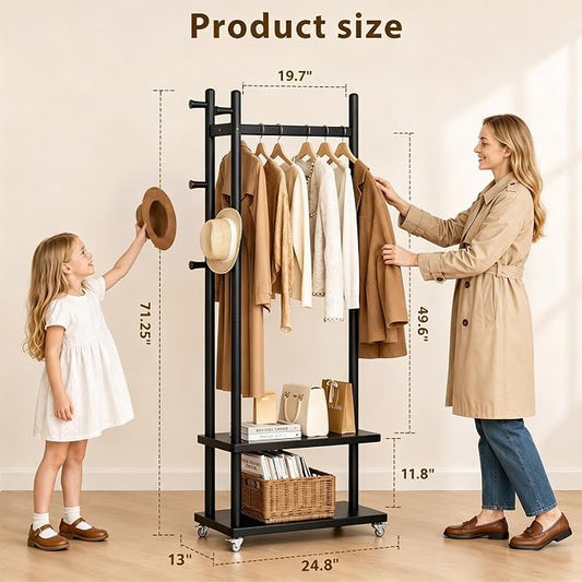 Taitiy Solid Wood Coat Rack Freestanding, Coat Rack Stand with 2 Shelves & 4 Hooks, Coat Tree for Entryway, Hallway, Bedroom, Living Room, Office - Clothing Rack for Coats, Hats, Bags (Black-L-Wheel)