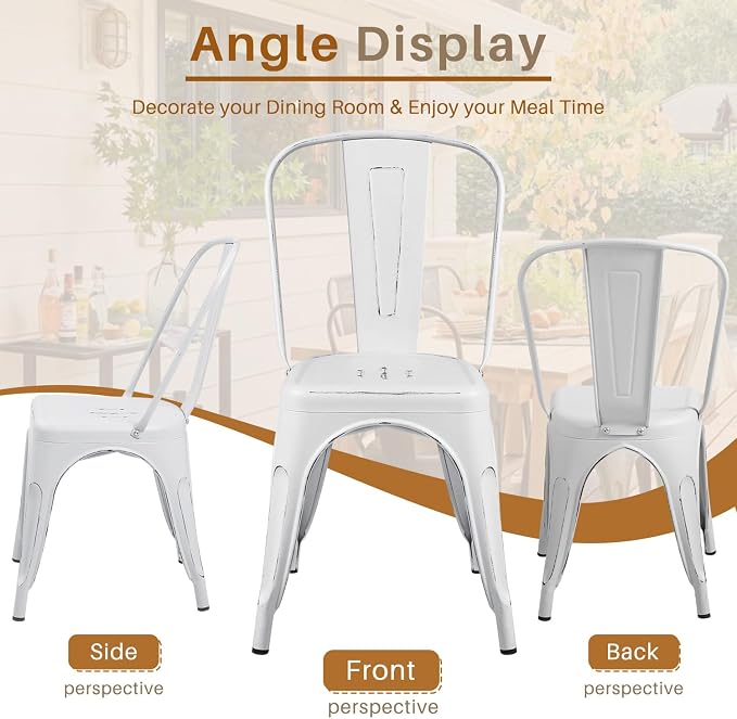 Furmax Metal Dining Chair Indoor Outdoor Use Stackable Chic Side Classic Trattoria Metal Chairs Set of 4 for Kitchen, Dining Room, Bistro and Cafe (Distressed White)