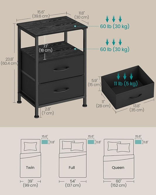 SONGMICS Nightstand, Bed Side Table, End Table with 2 Drawers and 1 Open Shelf, Industrial, Set of 2, Ink Black, BELLAH Collection ULGS062B101S