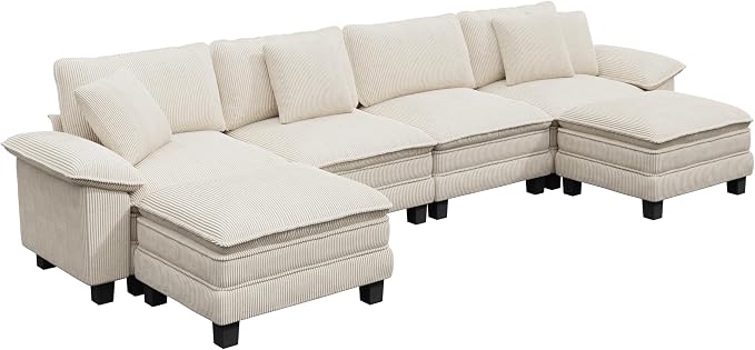 PHI VILLA Cloud Modular Couch Sets, 157.5" Oversized Large Sectional Sofa with U-Shaped Chaise, 6-Seater Couches with Movable Ottomans for Living Room, Corduroy Beige