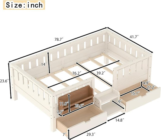 Bellemave Twin Kids Montessori Bed with Stairs, Bookshelf and Drawers, Solid Wood Kids Bed Frame with Storage for Boys Girls, Low Profile,Beige