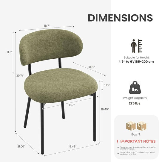 Upholstered Dining Chairs Set of 6, Modern Fabric Kitchen Chairs with Curved Backrest and Cushioned Seat, Sturdy Metal Legs, Comfortable Accent Chairs for Kitchen Dining Room, Living Room,Green