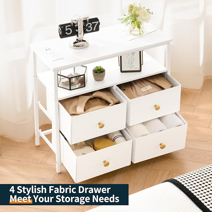 Yoobure Night Stand with Charge Station, Nightstand with 4 Drawers Bedside Table, LED Dresser with Storage Shelf, Night Stands for Bedroom, Side Table 3-Tier Wood End Table for Home, Office White