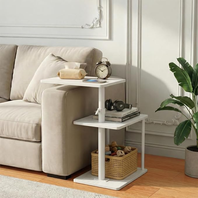 Faesun 360° Swivel Side Table for Height Adjustable, C Shaped End Table for Couch with Storage, 3-Tier Night Stand with Open Shelf, Tv Tray for Small Spaces, Living Room, Bedroom, White