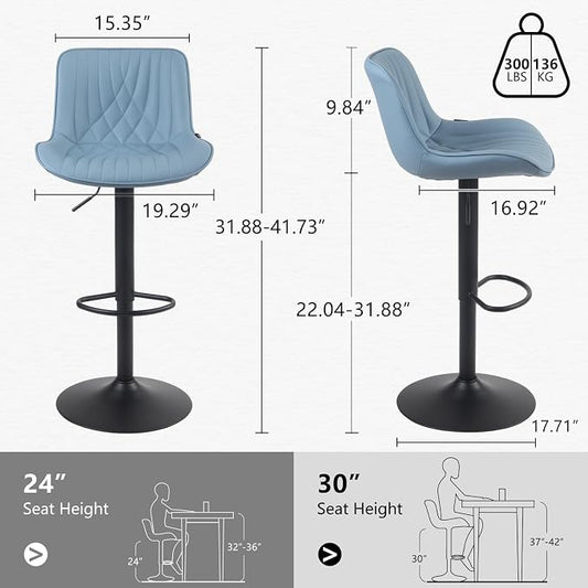 YOUTASTE Blue Bar Stools Set of 2 Adjustable Swivel Modern Barstools Luxury Upholstered Faux Leather Bar Stool Counter Height Metal Chairs with Back for Home Kitchen Island