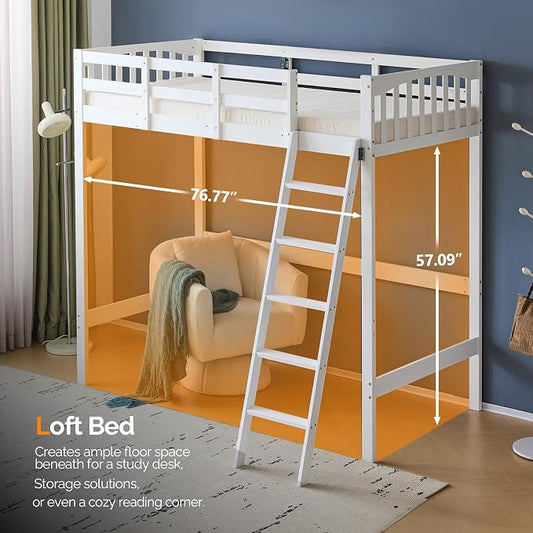 VINGLI Loft Bed Twin Size with USB Charging Station/LED, Solid Wood Single Loft Bunk Bed with Flat Rungs for Kids/Teens/Adults, 15 inches High Guardrail,Wood Slat Support No Box Spring Needed, White