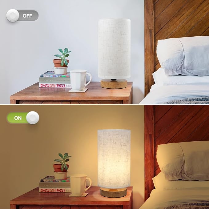 Minimalist Dimmable Nightstand Lamp with Round Fabric Linen Shade, 3 Color Temperatures, Desk & Bedside Lamp for Study, Living Room, Bedroom, Office, Dorm