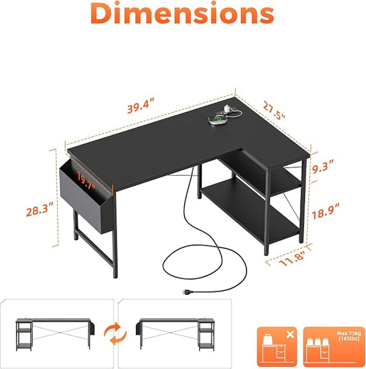 Mericonia Small L Shaped Computer Desk with Power Outlets, Reversible Gaming Desk with Storage Shelves, Corner Gamer Desk Table, Study Writing Table