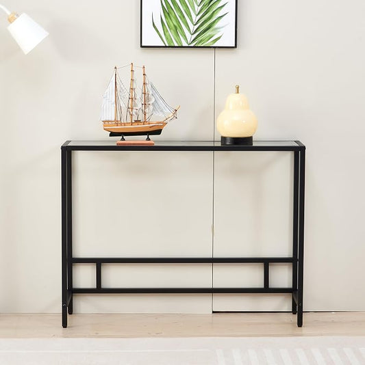 MAJARO Small Modern Console Table for Entryway, Tempered Glass with Metal Frame Sofa Table for Living Room, Hallway, Office (Single-Layer, Black)
