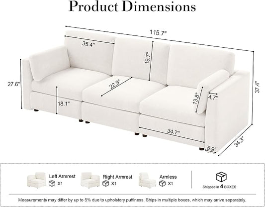 Oversized Modular Sectional Sofa 3 Seater Cloud Couches White | 115'' Deep Seat Couch for Living Room, Comfortable Luxury Sectional sofa, Solid Wood Frame, Removable Washable Cover