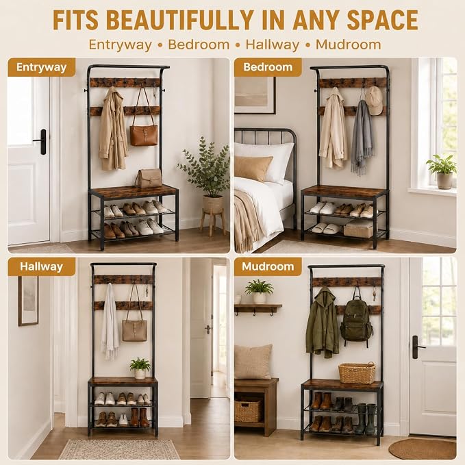 Simple Deluxe 4-in-1 Entryway Coat Rack, Hall Tree with Bench and Shoe Storage, Mudroom Bench with Storage and 10 Hooks Hall Tree Organizer for Entryway, Bedroom, Brown