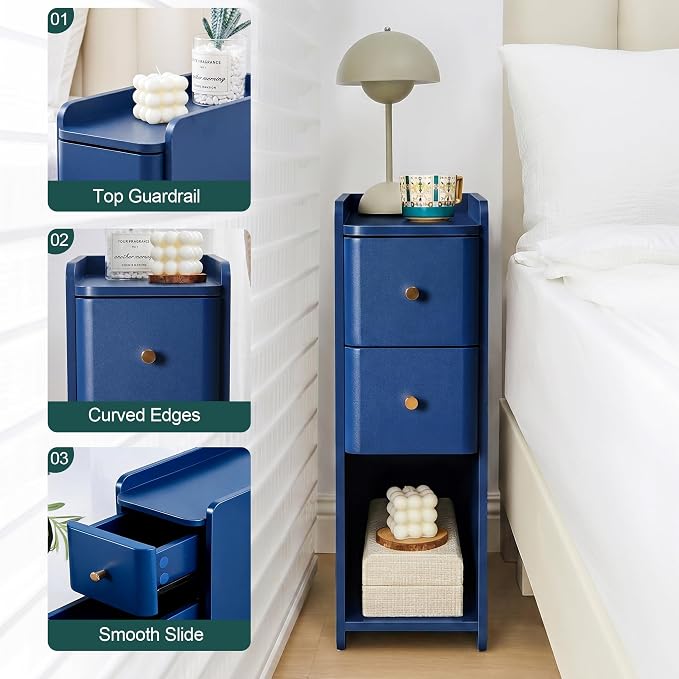Blue Narrow Nightstand, Wooden Small 2 Drawer Nightstand, Slim Side End Table, Skinny Bedside Table, Mid Century Modern Night Stand with Drawers, for Living Room (Blue-1 pc)