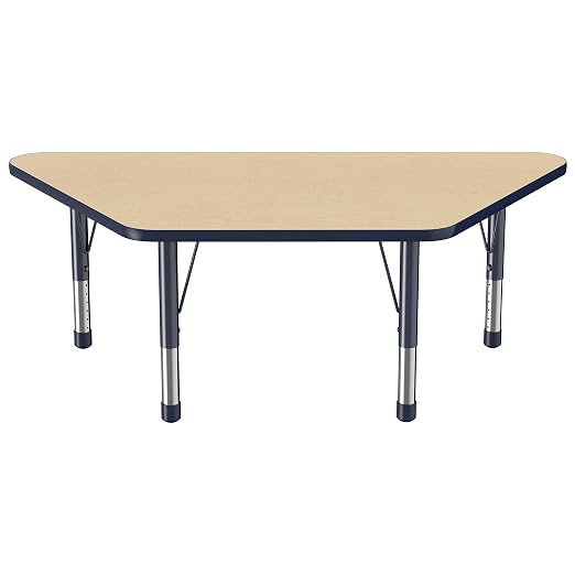 FDP Trapezoid Activity School and Classroom Kids Table (30 x 60 inch), Chunky Toddler Legs for Collaborative Seating Environments, Adjustable Height 15-24 inches - Maple Top and Navy Edge