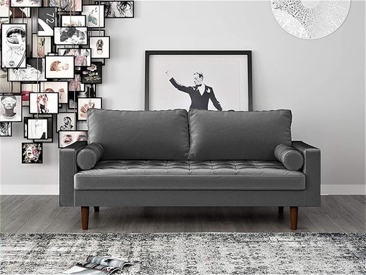 Container Furniture Direct Womble Mid Century Modern Velvet Upholstered Tufted Seat with Bolster Pillows, Sofa, Grey