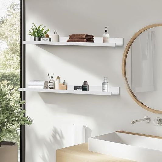 Muzilife 55" Large Floating Wall Ledge Shelves with Lip - Set of 2 Wood Floating Shelves - White Wall Mounted Picture Ledge for Office, Bathroom, Bedroom, Living Room, Kitche