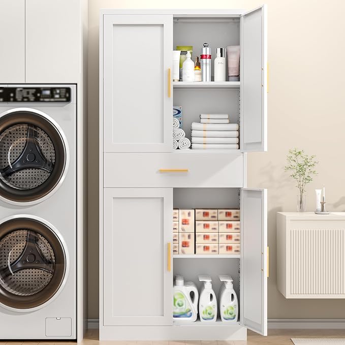 71” Tall Kitchen Pantry Cabinet, Metal Storage Cabinet with 2 Doors and 4 Adjustable Shelves for Kitchen, Living Room, Laundry Room (White, 71" H-1 Drawer)