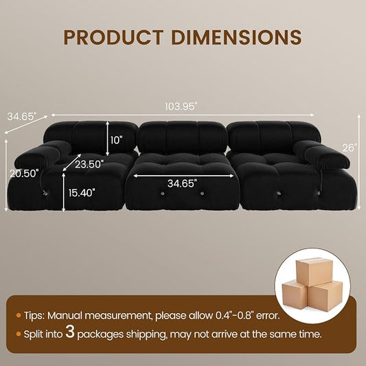 Convertible Modular Sectional Sofa, Modern Velvet Straight 3-Seater Couch for Living Room, Apartment (104 in/Black)