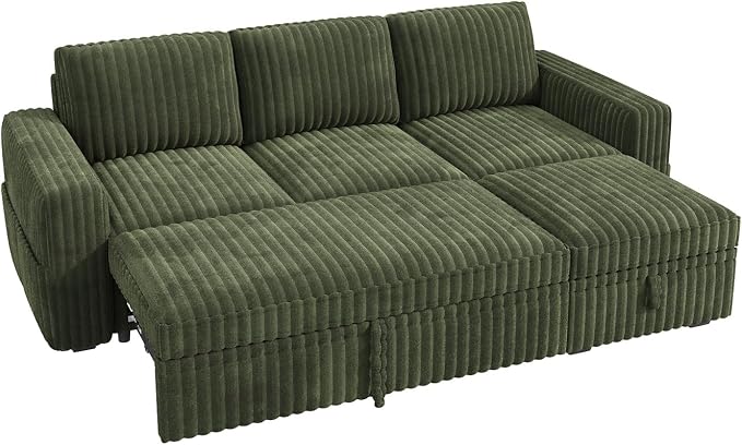 HONBAY Modular Sectional Sofa with Pull Out Bed,Corduroy L Shaped Sleeper Sofa with Storage, Sectional Couches for Living Room,Green
