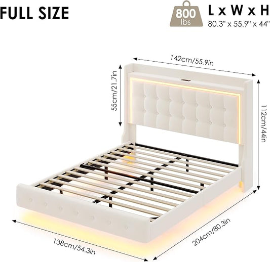 Keyluv Full Floating Bed Frame with Storage Headboard, LED Lights & Charging Station Platform Bed, Soft Upholstered Velvet, USB/Type-C Ports, Easy Assembly, Beige