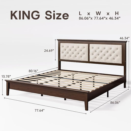 Lifezone Solid Wood King Size Bed Frame 46” Tall Diamond-Tufted Upholstered Headboard, American Classic Flat-Top Bed, Stable Structure, Wood Slats Support, Noise-Free, No Box Spring Needed, Walnut