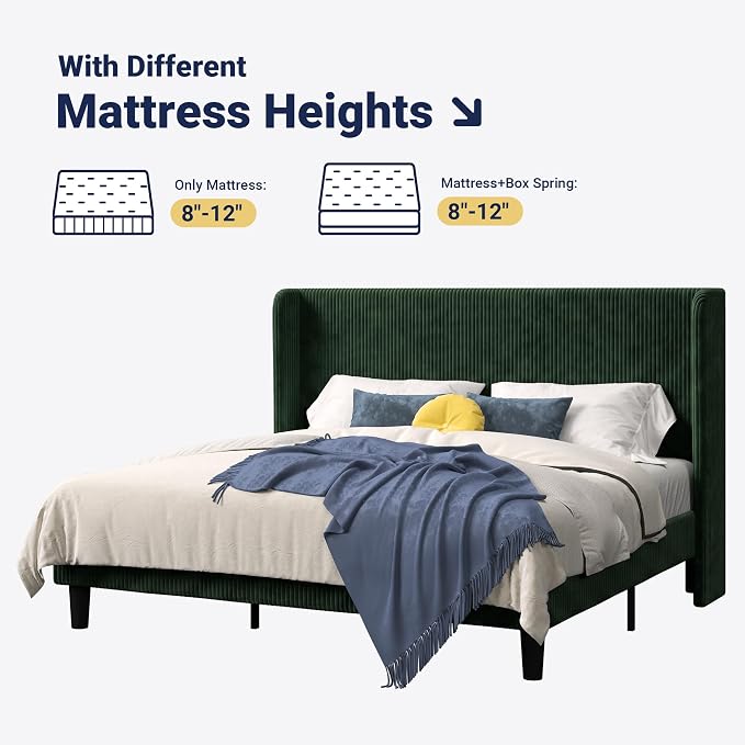 Allewie King Size Bed Frame with Upholstered Wingback Headboard, Vertical Channel Tufted Corduroy Velvet Platform Bed, Strong Wooden Slats Support, No Box Spring Needed, Easy Assembly, Dark Green