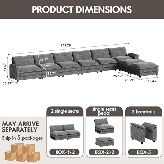 Homall 232" Modular Sectional Sofa, Oversized Sofa Couch with Reversible Ottoman, DIY Combination Chenille Deep 6-Seat Cloud Couch for Living Room, Apartment (Light Grey, Oversized Sofa)
