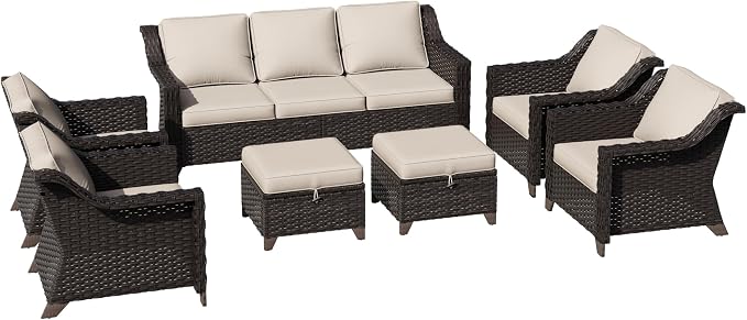 7 Pieces Patio Conversation Furniture Set - 1 Sofa, 2 Ottomans, 4 Armchairs, Outdoor Wicker Furniture with Removable Cushions for Porch, Balcony, Sunroom (Beige)