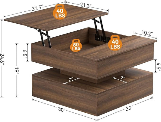 FABATO Lift Top Coffee Table with Storage and Hidden Compartment, Wood Square Coffee Table for Living Room, 31.5'' Small Center Table with Open Display Shelf for Dining Reception Room, Walnut