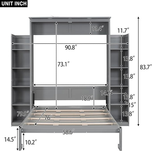 MERITLINE Full Murphy Bed Kit with Storage 8 Shelves and LED Lights, Wood Murphy Bed Cabinet Murphy Bed in a Cabinet Grey Murphy Wall Bed Units Full Size, LP00069